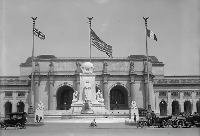 Framed Print : Flags - American, British, And French Flags in Front of Union Station, Awaiting Arrival... 1917. Creator: Harris & Ewing. Flags - American, British, And French Flags in Front of Union Station, Awaiting Arrival... 1917. Creator: Harris & Ewing Framed Print : Flags - American, British, And French Flags in Front of Union Station, Awaiting Arrival... 1917. Creator: Harris & Ewing. Flags - American, British, And French Flags in Front of Union Station, Awaiting Arrival... 1917. Creator: Harris & Ewing