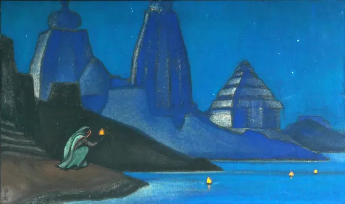 Framed Print : Flame of Happiness (Lights on the Ganges), 1947. Artist: Roerich, Nicholas (1874-1947) Framed Print : Flame of Happiness (Lights on the Ganges), 1947. Artist: Roerich, Nicholas (1874-1947)