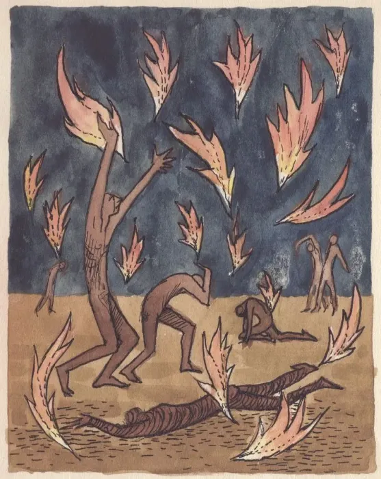 Framed Print : Flames raining down, 1951. Creator: Shirley Markham Framed Print : Flames raining down, 1951. Creator: Shirley Markham