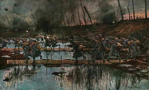 In Flanders; The Yser Offensive (1917); Cossing of the Yser canal by infantry...1917 Creator: Francois Flameng