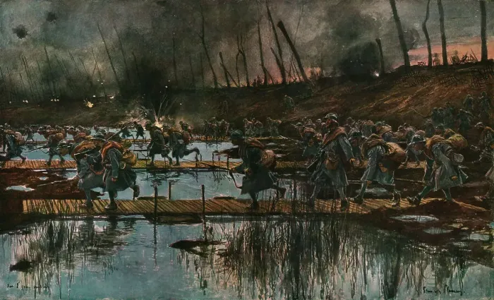 Framed Print : In Flanders; The Yser Offensive (1917); Cossing of the Yser canal by infantry...1917 Creator: Francois Flameng Framed Print : In Flanders; The Yser Offensive (1917); Cossing of the Yser canal by infantry...1917 Creator: Francois Flameng