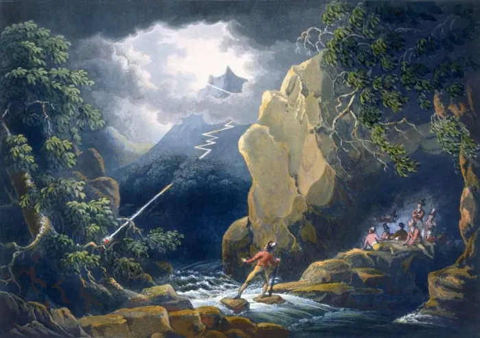 Framed Print : The Flash of Lightening: Caught in a Mountain Storm, pub. 1805. Creator: Philip James Framed Print : The Flash of Lightening: Caught in a Mountain Storm, pub. 1805. Creator: Philip James