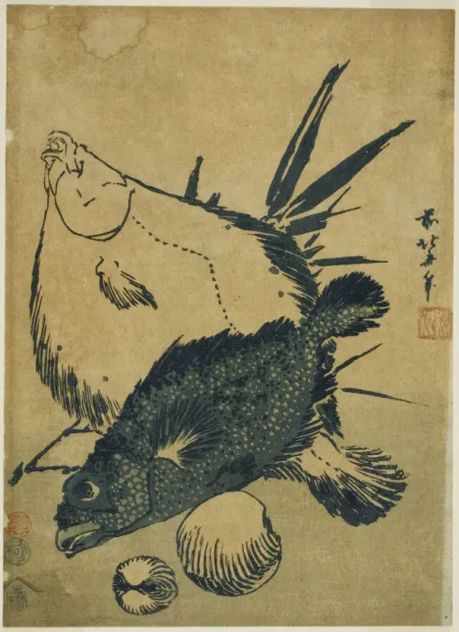 Framed Print : Flatfish, scorpion fish, and shells, from an untitled series of chuban prints, Japan, c Framed Print : Flatfish, scorpion fish, and shells, from an untitled series of chuban prints, Japan, c