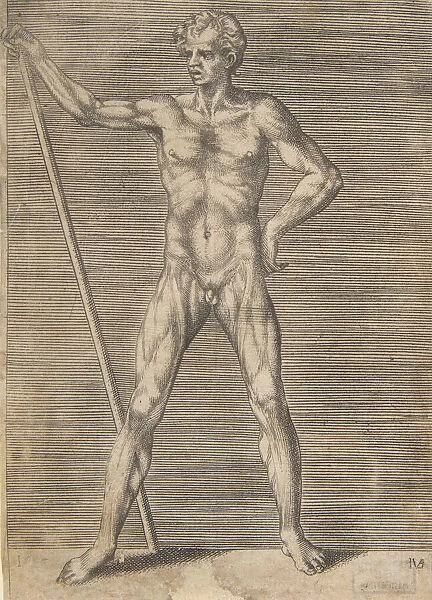 Flayed man seen from in front, holding a stick, ca. 1531-76. Creator: Giulio Bonasone