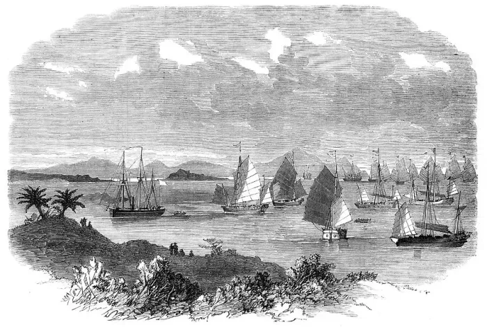 Framed Print : Fleet of Chinese junks, with H.M.S. Opossum, preparing to attack pirates at How-Chow, 1865. Creator: Unknown Framed Print : Fleet of Chinese junks, with H.M.S. Opossum, preparing to attack pirates at How-Chow, 1865. Creator: Unknown