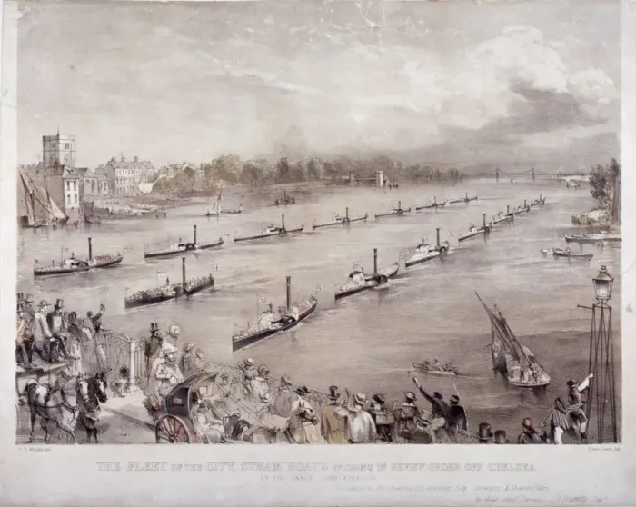 Framed Print : The fleet of the City steamboats passing in review order off Chelsea, London, c1860 Framed Print : The fleet of the City steamboats passing in review order off Chelsea, London, c1860