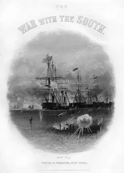 Framed Print : Fleet passing the fort and obstructions, Battle of Mobile Bay, August 5, 1864, (1862-1867) Framed Print : Fleet passing the fort and obstructions, Battle of Mobile Bay, August 5, 1864, (1862-1867)