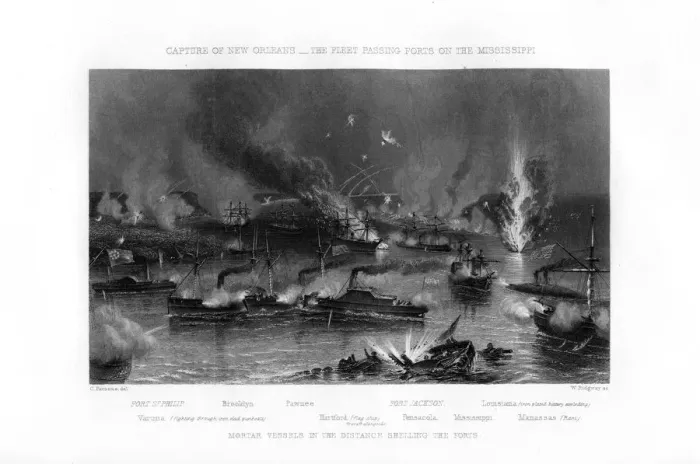 Framed Print : The fleet passing forts on the Mississippi, capture of New Orleans, 1862-1867. Artist: W Ridgway Framed Print : The fleet passing forts on the Mississippi, capture of New Orleans, 1862-1867. Artist: W Ridgway