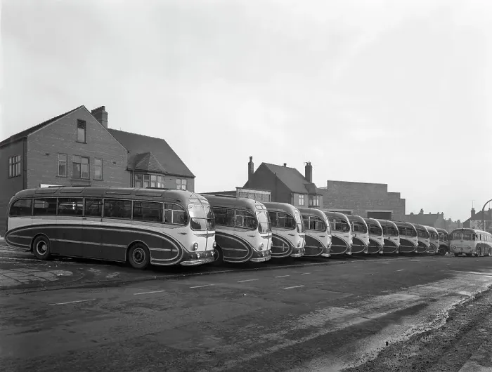 Framed Print : Fleet of Phillipsons coaches, Goldthorpe, South Yorkshire, 1963 Framed Print : Fleet of Phillipsons coaches, Goldthorpe, South Yorkshire, 1963