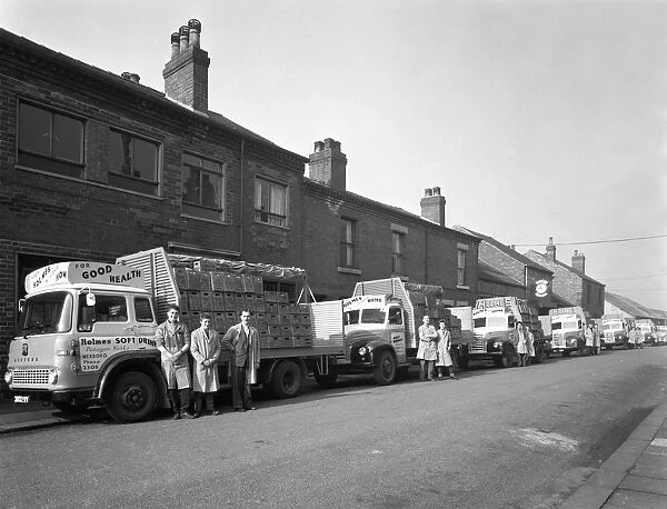 Fleet of soft drinks delivery lorries, Mexborough, South Yorkshire, 1961. Artist