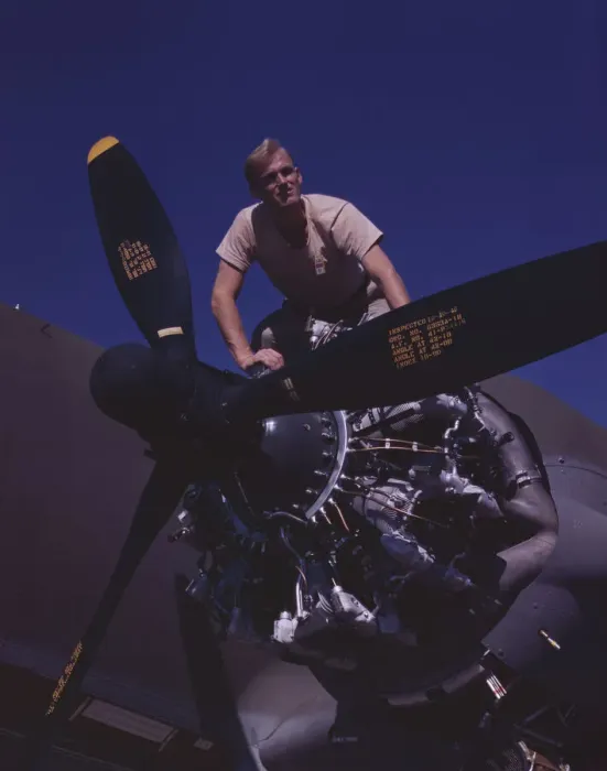 Framed Print : Flexible performance of C-47 transport planes is due in part to their... Long Beach, Calif. 1942. Creator: Alfred T Palmer Framed Print : Flexible performance of C-47 transport planes is due in part to their... Long Beach, Calif. 1942. Creator: Alfred T Palmer