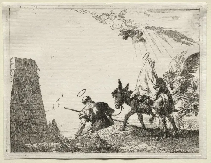 Framed Print : Flight into Egypt: The Holy Family Passing near a Pyramid. Creator: Giovanni Domenico Tiepolo Framed Print : Flight into Egypt: The Holy Family Passing near a Pyramid. Creator: Giovanni Domenico Tiepolo