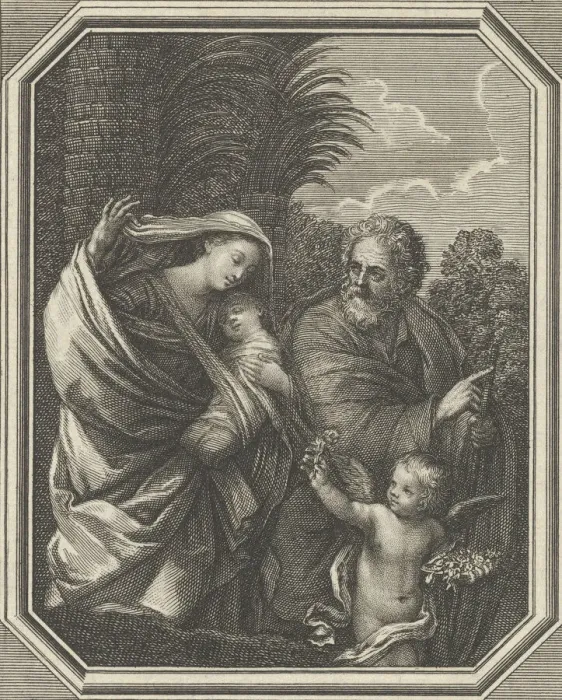 Framed Print : The Flight into Egypt; the holy family walking with the young John the Baptist, tre Framed Print : The Flight into Egypt; the holy family walking with the young John the Baptist, tre