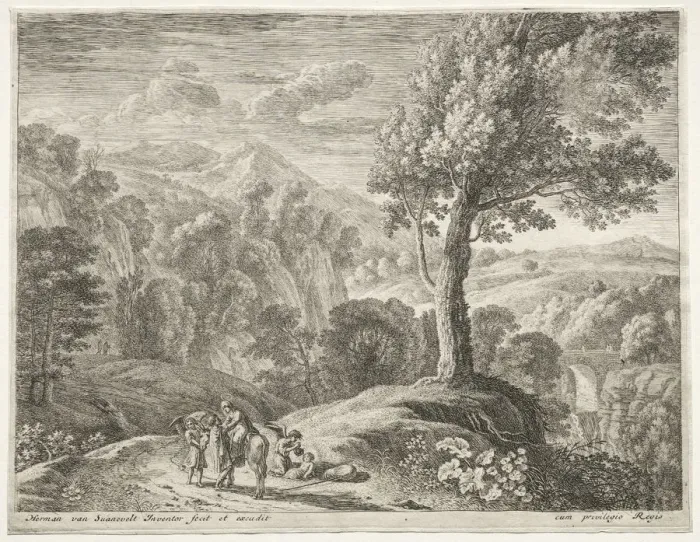 Framed Print : The Flight into Egypt: The large tree and the cuocade. Creator: Herman van Swanevelt (Dutch, c Framed Print : The Flight into Egypt: The large tree and the cuocade. Creator: Herman van Swanevelt (Dutch, c