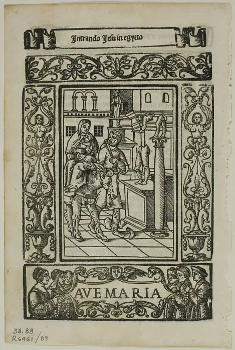 Framed Print : Flight into Egypt from Rosario della V. Maria by Castellanus, plate 89 from Woodcuts...1937. Creators: Unknown, Max Geisberg Framed Print : Flight into Egypt from Rosario della V. Maria by Castellanus, plate 89 from Woodcuts...1937. Creators: Unknown, Max Geisberg