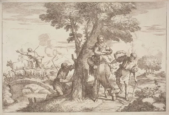 Framed Print : The Flight into Egypt with a Shepherd Watching from Behind a Tree, 1758 / 1759. Creator: Gaetano Gherardo Zompini Framed Print : The Flight into Egypt with a Shepherd Watching from Behind a Tree, 1758 / 1759. Creator: Gaetano Gherardo Zompini