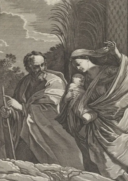 Framed Print : The Flight into Egypt; the Virgin carrying the infant Christ, Joseph pointing to th Framed Print : The Flight into Egypt; the Virgin carrying the infant Christ, Joseph pointing to th