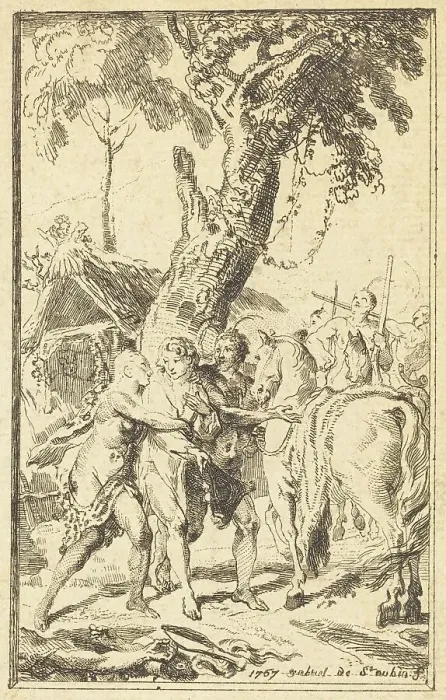 Framed Print : Flight of M. de Belle-Isle, Prisoner with theAttakapas [right], 1767. Creator: Gabriel de Saint-Aubin