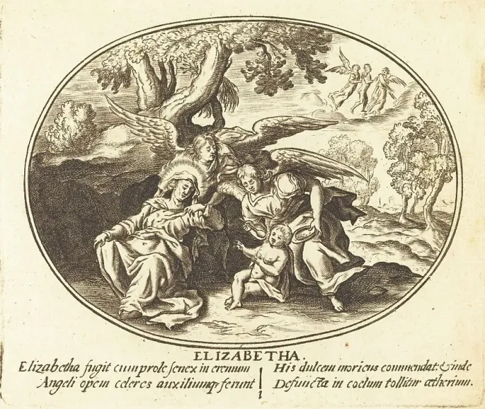 Framed Print : The Flight of Saint Elizabeth with the Infant Saint John. Creator: Balthasar Moncornet Framed Print : The Flight of Saint Elizabeth with the Infant Saint John. Creator: Balthasar Moncornet