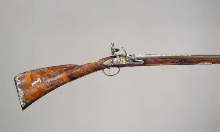 Framed Print : Flintlock Gun, French, Saint-Etienne, dated 1735. Creators: Louis Jaley, Nicolas Carteron Framed Print : Flintlock Gun, French, Saint-Etienne, dated 1735. Creators: Louis Jaley, Nicolas Carteron