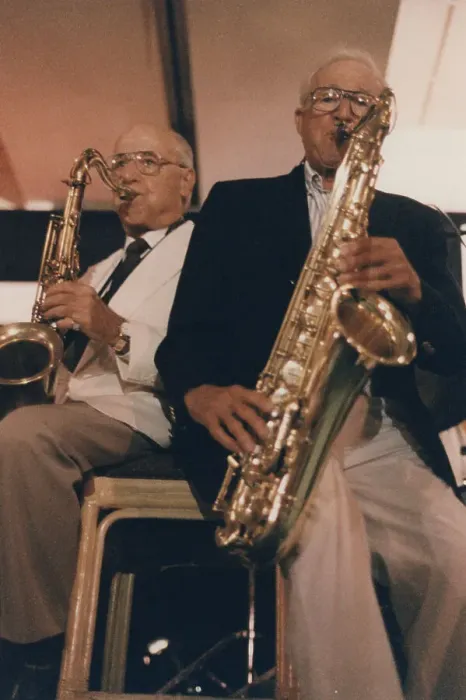 Framed Print : Flip Phillips and Jerry Jerome, The March of Jazz, Clearwater Beach, Florida, 1997. Creator: Brian Foskett Framed Print : Flip Phillips and Jerry Jerome, The March of Jazz, Clearwater Beach, Florida, 1997. Creator: Brian Foskett