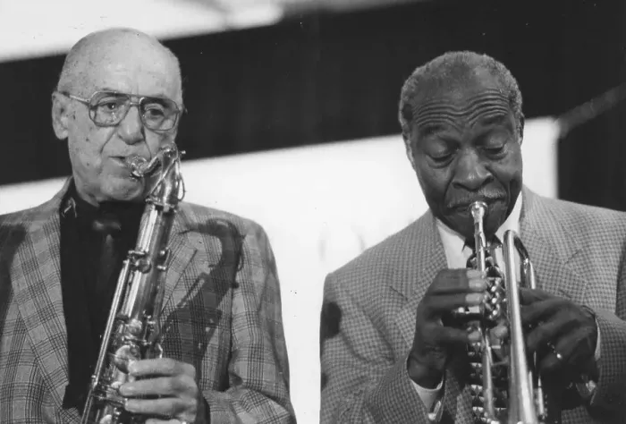 Framed Print : Flip Phillips and Joe Wilder, The March of Jazz, Clearwater Beach, Florida, 1997. Creator: Brian Foskett Framed Print : Flip Phillips and Joe Wilder, The March of Jazz, Clearwater Beach, Florida, 1997. Creator: Brian Foskett