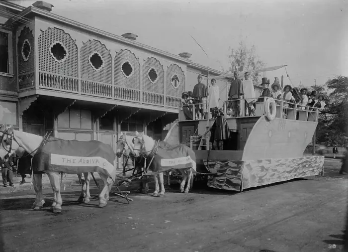 Framed Print : Float representing arrival of first missionary boat Thaddeus, Floral Parade, Honolulu, 1910. Creator: Bain News Service Framed Print : Float representing arrival of first missionary boat Thaddeus, Floral Parade, Honolulu, 1910. Creator: Bain News Service