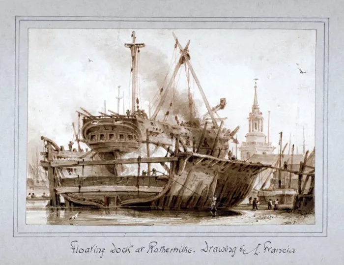 Framed Print : Floating dock at Rotherhithe, London, c1810. Artist: Francois Louis Thomas Francia Framed Print : Floating dock at Rotherhithe, London, c1810. Artist: Francois Louis Thomas Francia