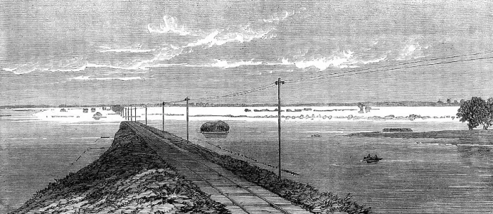 Framed Print : The Flood in the Fens: the submerged railway between Lynn and Wisbeach, 1862. Creator: Unknown Framed Print : The Flood in the Fens: the submerged railway between Lynn and Wisbeach, 1862. Creator: Unknown