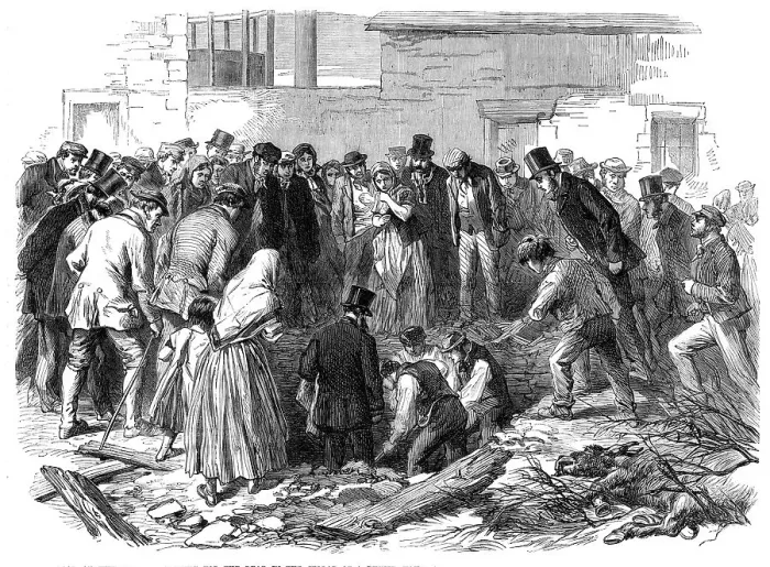 Framed Print : The Flood at Sheffield: searching for the dead in the cellar of a ruined house at Neepsend, 1864. Creator: Unknown Framed Print : The Flood at Sheffield: searching for the dead in the cellar of a ruined house at Neepsend, 1864. Creator: Unknown