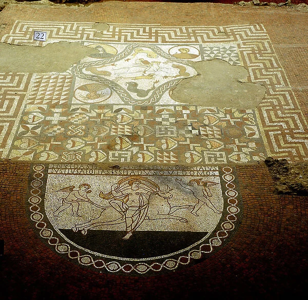 Floor mosaic showing Europa riding a bull, Lullingstone Roman Villa, Kent