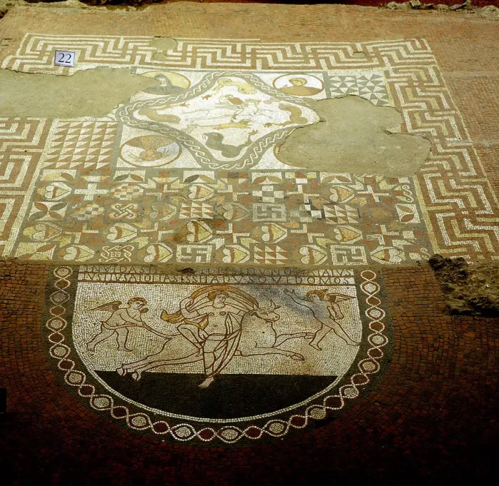Framed Print : Floor mosaic showing Europa riding a bull, Lullingstone Roman Villa, Kent Framed Print : Floor mosaic showing Europa riding a bull, Lullingstone Roman Villa, Kent