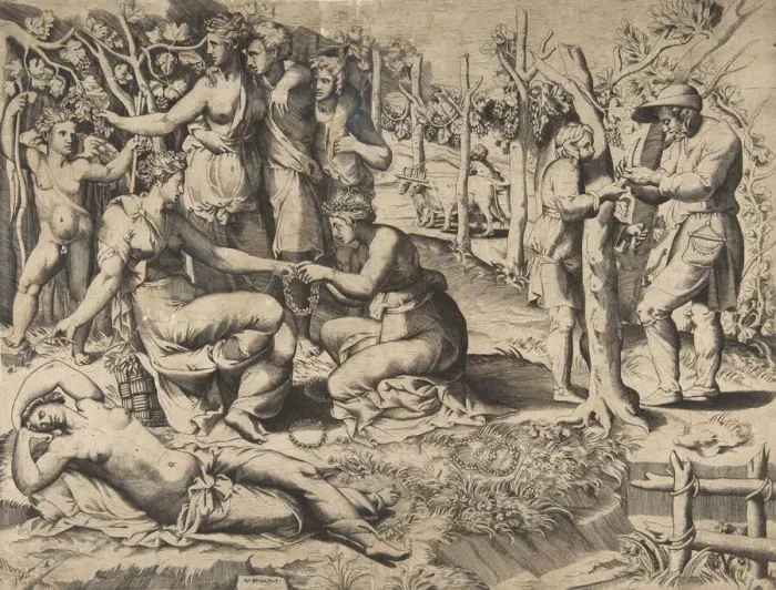 Framed Print : Flora in the centre passing a wreath to another woman, surrounded by other fig Framed Print : Flora in the centre passing a wreath to another woman, surrounded by other fig