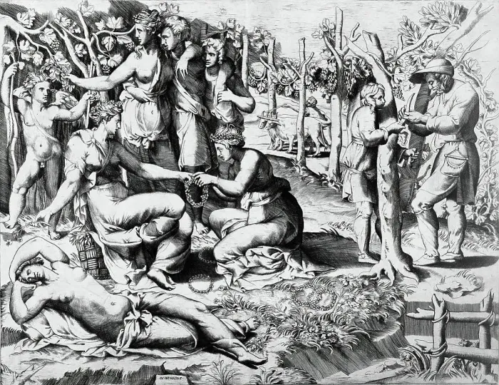 Framed Print : Flora and Her Nymphs, c1546. Creator: Giulio Bonasone Framed Print : Flora and Her Nymphs, c1546. Creator: Giulio Bonasone