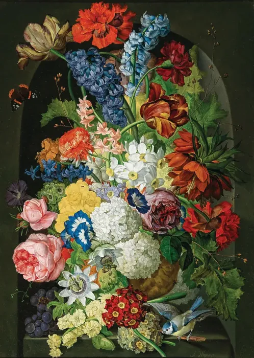Framed Print : Floral still life with butterfly and blue tit. Creator: Wegmayr, Sebastian (1776-1857) Framed Print : Floral still life with butterfly and blue tit. Creator: Wegmayr, Sebastian (1776-1857)
