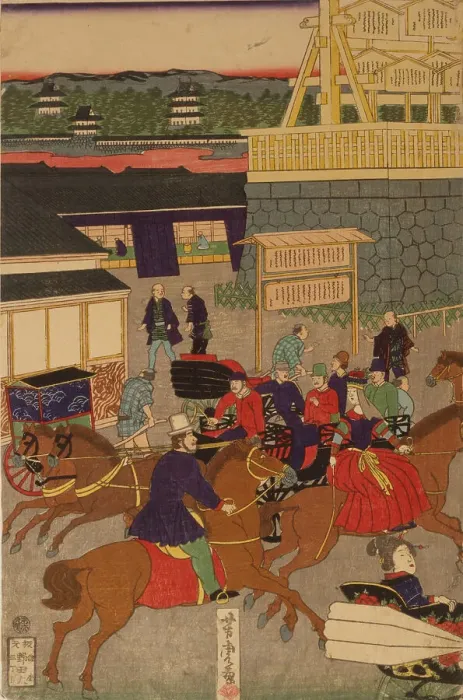 Framed Print : Flourishing Nihonbashi section of Tokyo. (Tokyo Nihonbashi han ei no zu) Triptych. Artist: Yoshitora, Utagawa (active 1850-1880) Framed Print : Flourishing Nihonbashi section of Tokyo. (Tokyo Nihonbashi han ei no zu) Triptych. Artist: Yoshitora, Utagawa (active 1850-1880)