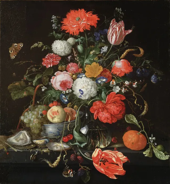 Framed Print : Flower Still Life with a Bowl of Fruit and Oysters, probably between 1665 and 1665. Creator: Jan Davidsz de Heem Framed Print : Flower Still Life with a Bowl of Fruit and Oysters, probably between 1665 and 1665. Creator: Jan Davidsz de Heem