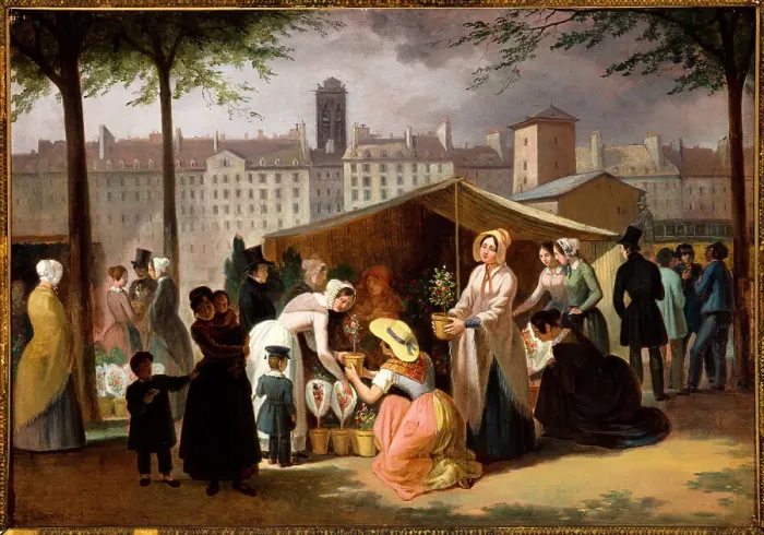 Framed Print : Flower market, 1839. Creator: Jean-Francois Demay Framed Print : Flower market, 1839. Creator: Jean-Francois Demay