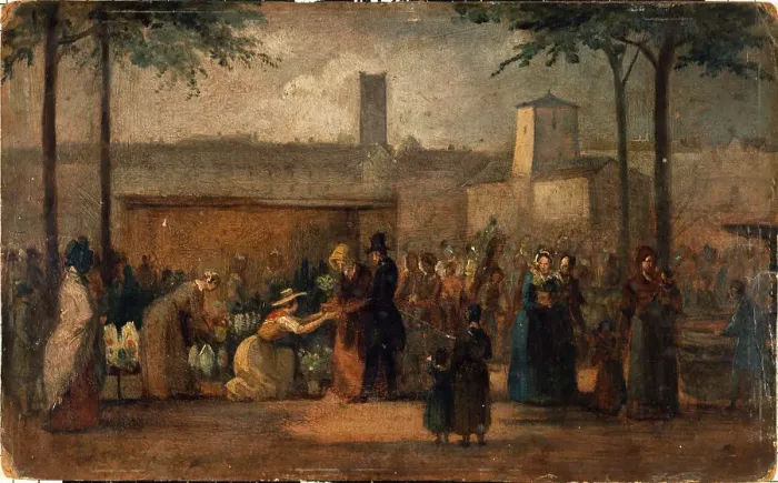 Framed Print : The flower market, c1839. Creator: Jean-Francois Demay Framed Print : The flower market, c1839. Creator: Jean-Francois Demay