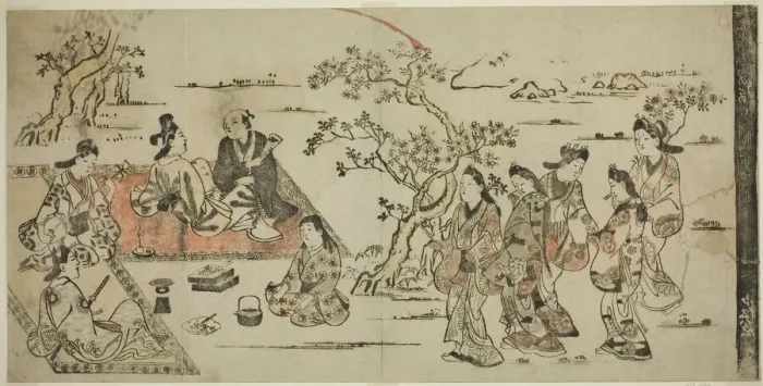 Framed Print : Flower Viewing, 1711 (reprint of 17th century work). Creator: Hishikawa Moronobu Framed Print : Flower Viewing, 1711 (reprint of 17th century work). Creator: Hishikawa Moronobu