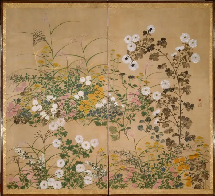 Framed Print : Flowering Plants in Autumn, 18th century. Artist: Korin, Ogata (1658-1716)
