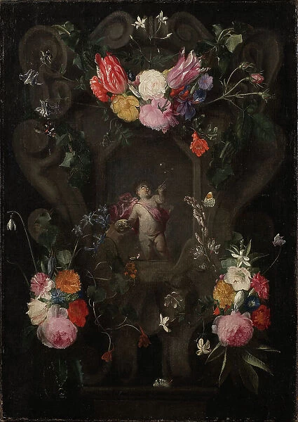 Flowers Around a Cartouche with an Image of Putto. Creator: Unknown