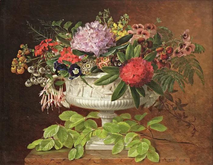 Framed Print : Flowers in a centrepiece on a marble windowsill with a beech branch, 1846. Creator: Johan Laurentz Jensen Framed Print : Flowers in a centrepiece on a marble windowsill with a beech branch, 1846. Creator: Johan Laurentz Jensen