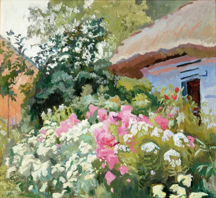 Framed Print : Flowers in Front of the Cottage, between 1903-1907. Creator: Stanislaus Kamocki Framed Print : Flowers in Front of the Cottage, between 1903-1907. Creator: Stanislaus Kamocki