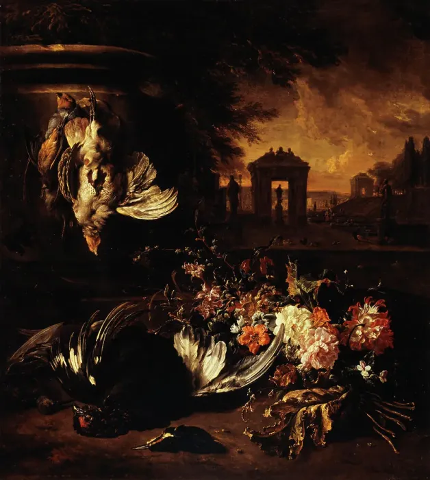 Framed Print : Flowers and dead game in front of a landscape, between 1662 and 1719. Creator: Jan Weenix Framed Print : Flowers and dead game in front of a landscape, between 1662 and 1719. Creator: Jan Weenix