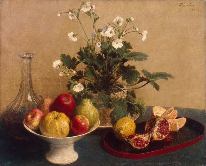 Framed Print : Flowers, Dish with Fruit and Carafe, 1865 Framed Print : Flowers, Dish with Fruit and Carafe, 1865