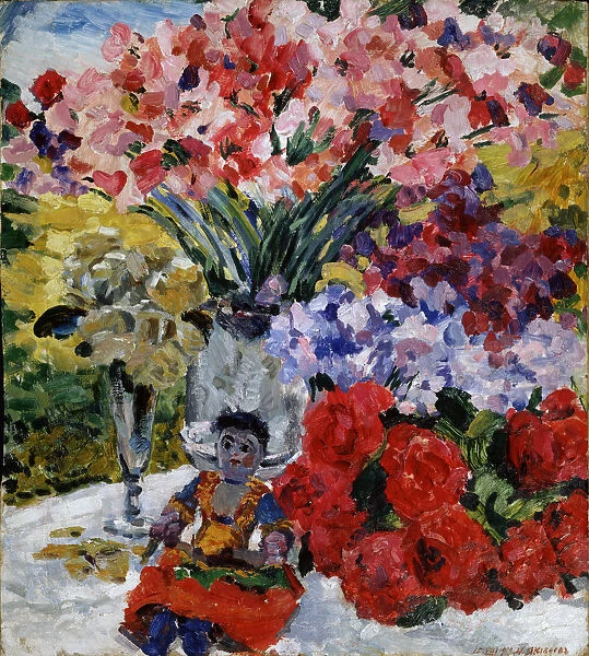 Flowers and a doll, 1916. Artist: Yakovlev, Mikhail Nikolayevich (1880-1942)