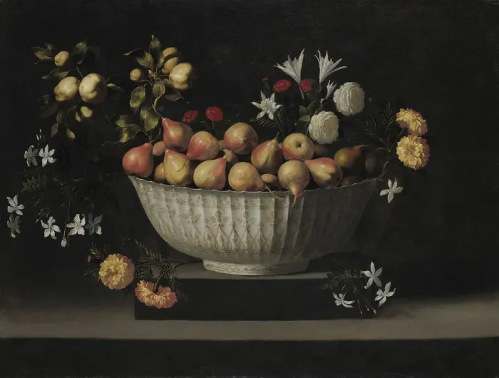 Framed Print : Flowers and Fruit in a China Bowl, c. 1645. Creator: Juan de Zurbaran Framed Print : Flowers and Fruit in a China Bowl, c. 1645. Creator: Juan de Zurbaran
