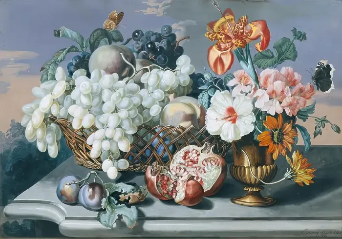 Framed Print : Flowers and fruits, 1843. Creator: Eduard Hirschler