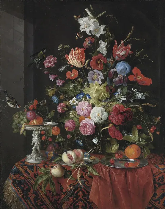 Framed Print : Flowers in a glass vase on a draped table, with a silver tazza, fruit, insects and birds. Artist: Heem, Jan Davidsz. de (1606-1684) Framed Print : Flowers in a glass vase on a draped table, with a silver tazza, fruit, insects and birds. Artist: Heem, Jan Davidsz. de (1606-1684)